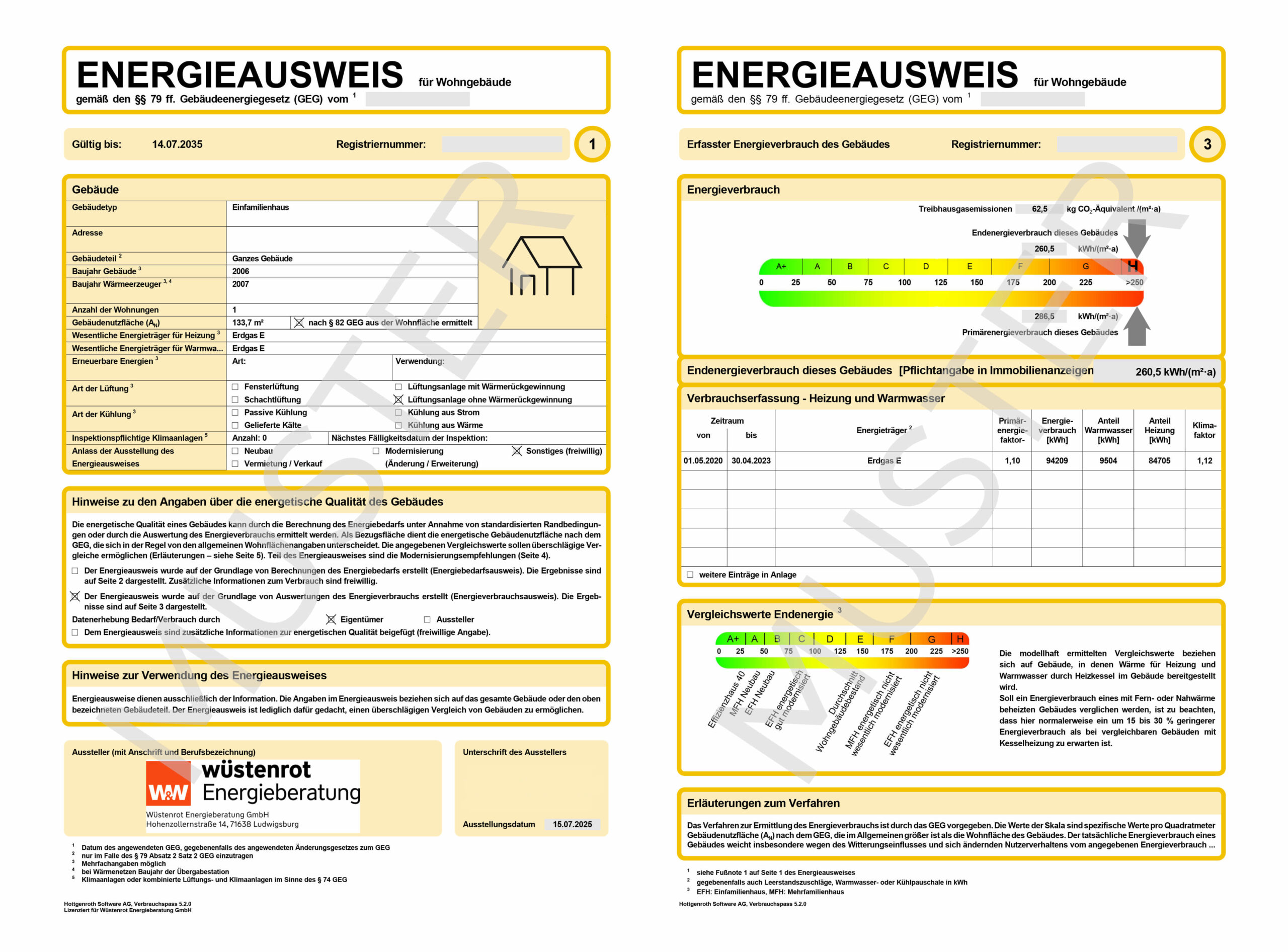 Muster eines verbrauchsbasierten Energieausweises der Wüstenrot Energieberatung inkl. Erklärungen der wichtigsten Felder